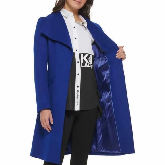 Karl Lagerfeld Womens Coat Blue Cobalt Wool Blend Belted Pockets Satin-Lined SM - Picture 2 of 3